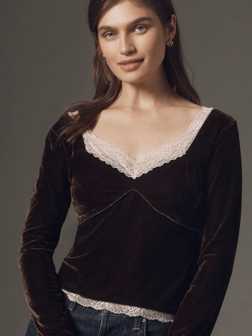 By Anthropologie Velvet Lace V-Neck Top – Chocolate